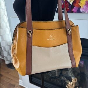Nanette Lepor Elegant Yellow and Cream Shoulder Bag. 15”X 9,5”X 5”